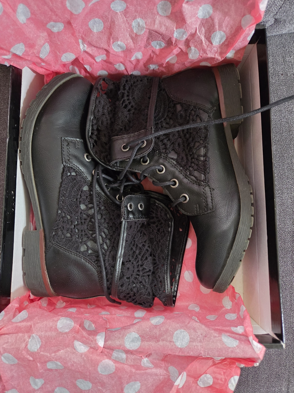 New* Rock & Candy Black Lace-Up Crochet Combat Booties